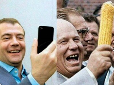 Дмитрий Медведев и Никита Хрущев. Фото: joyreactor.cc, cnews.ru
