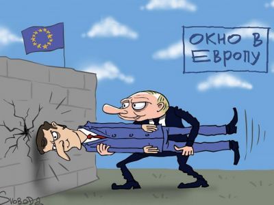 Пробивание Макроном "окна в Европу". Карикатура С.Елкина: svoboda.org